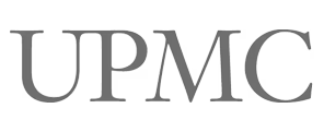 The image displays a logo consisting of the letters UPMC in uppercase, with a stylized graphic above the text, set against a grey background.